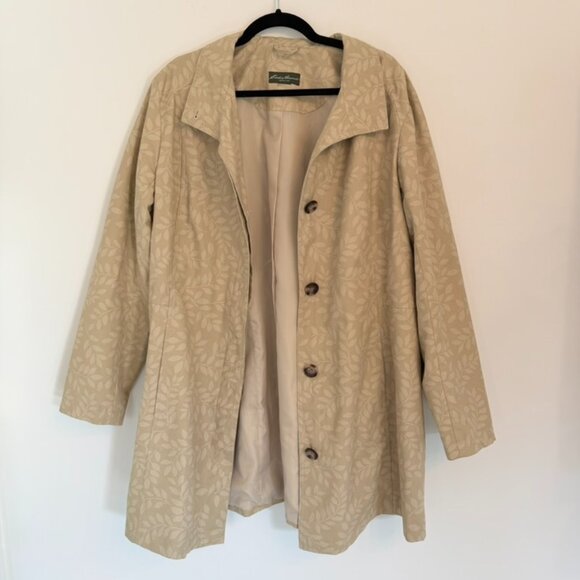 🌿 Eddie Bauer Women’s Beige Leaf Print Button Front Coat (Size XL) - Picture 2 of 6